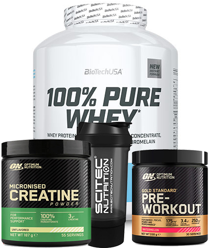 PROMO STACK BIOTECH USA 100% Pure Whey + Creatne + Pre Workout + Shaker
